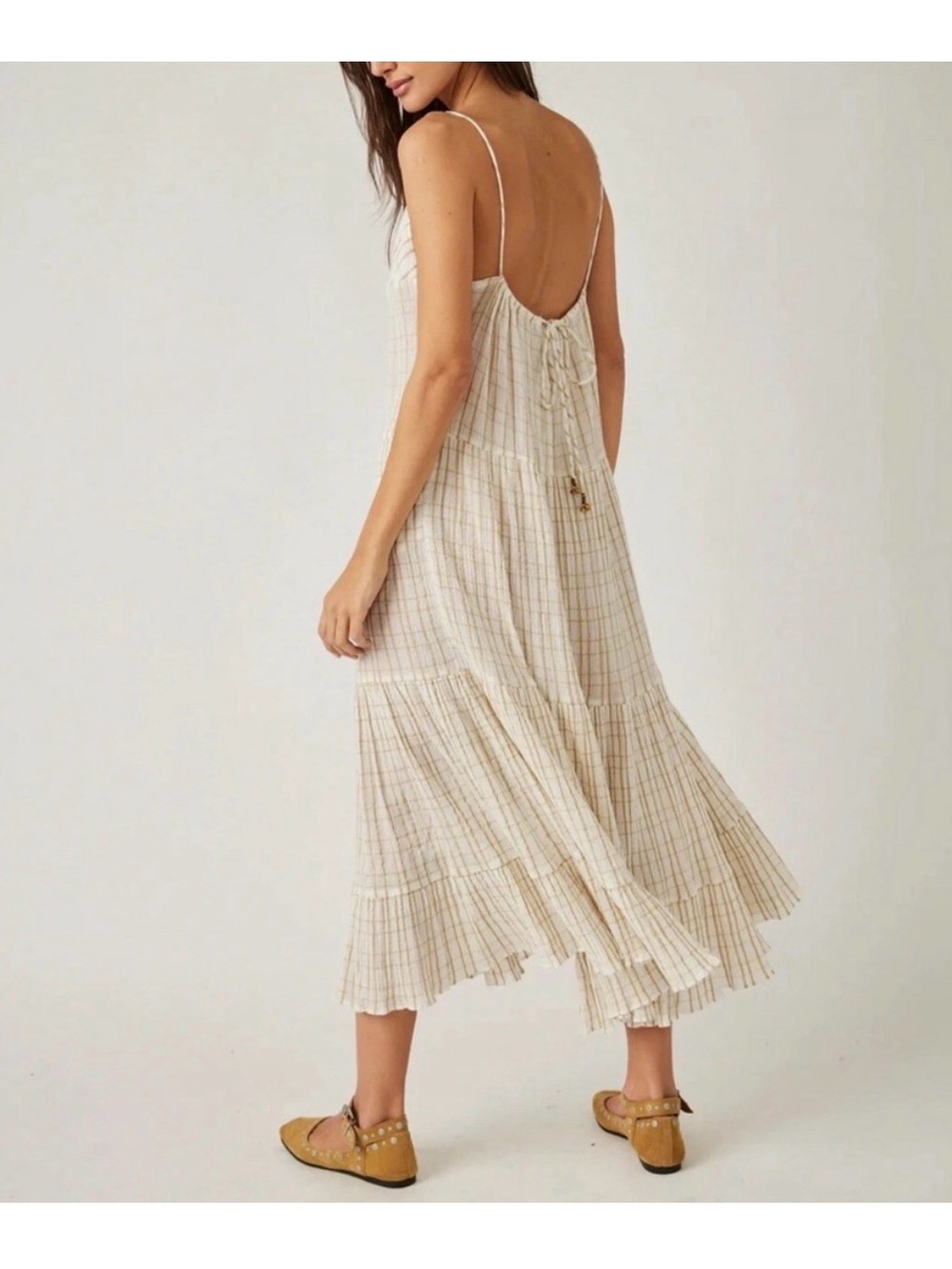 Free People Marigold Maxi Dress, Sz M, NWOT, Cream/Brown plaid - Picture 2 of 9
